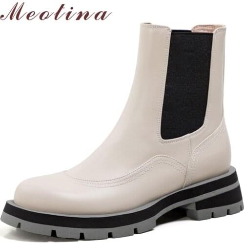 Meotina Genuine Leather Ankle Boots Shoes Women Autumn Platform Flat Boot Slip On Round Toe Ladies Footwear Short Boots Black 39