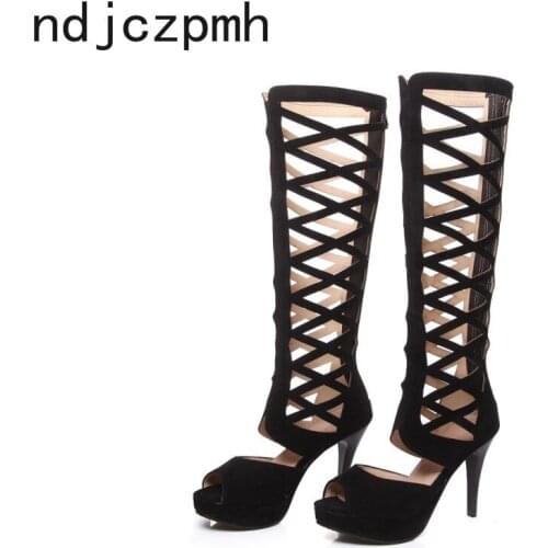 Womens Boots summer The New fashion Fish mouth Open toe zipper Hollow High heel High tube Womens shoes plus size 34-48 black
