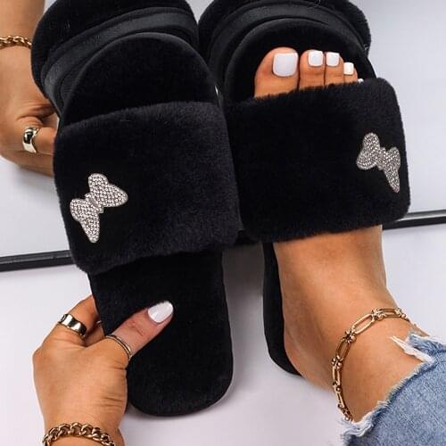 Furry Slides For Women Fluffy Flip Flops Fashion Ladies Faux Fur Slippers Casual Shoes Female Flat Home Slippers Summer Sandals