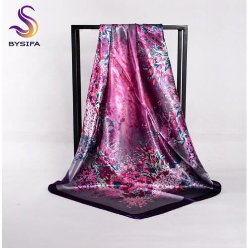 [BYSIFA] Spring Autumn Ladies Silk Scarf Shawl New Arrival Deep Purple Tulip Square Scarves Wraps 90*90cm Women Head Scarf Cape