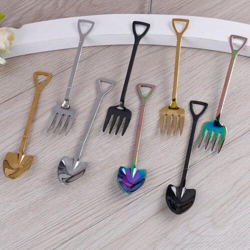 1PCS Stainless Steel Coffee Tea Spoon Shovel Shaped Dessert Forks Ice Cream Sugar Teaspoon Kids Interesting Toys Bar Home