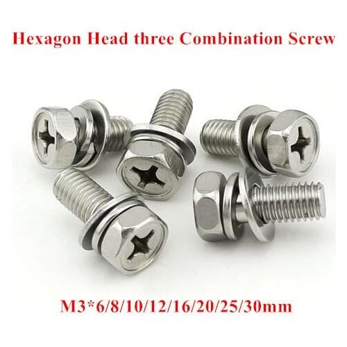 100pcs M3 Hexagon Socket Head Screw 304 stainless steel External hex head three combination screws bolt with Flat/Spring washer