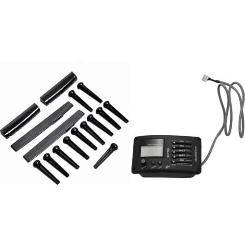 2 Sets Acoustic Guitar Bridge Pins and Saddle and Nut with SV-T750 5 Band EQ Equalizer and Digital Proceeding Tuner