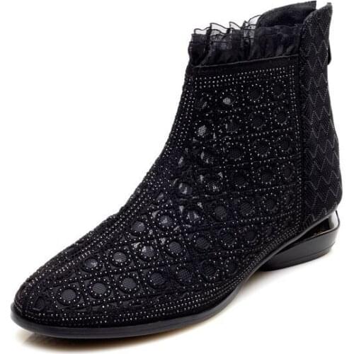 2021 Flat Hollow Net Boots Spring New Leather Net Yarn Rhinestone Short Boots Single Boots Low-heeled Soft-soled Womens Boots