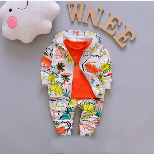 Spring Baby Boys Clothes Set Cotton Casual Cartoon Dinosaur Hooded Jacket+shirt+pants 3pcs Sets Baby Boy Outfits Kids Suits