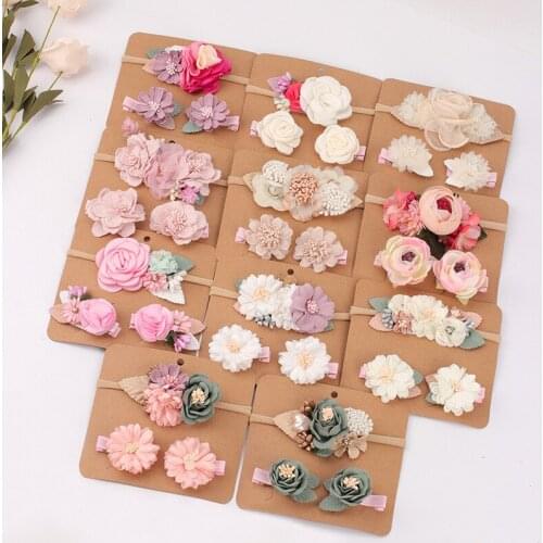 5Sets/Lot Artificial Flower Baby Headband Elastic Nlyon Hair Bands Clips Newborn Boy Girl Mini BB Bow Barrettes Kid Accessories