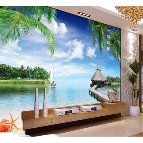 Beibehang Sailboat Seagull Coconut Beach Sailboat Lounge TV Background Wall Custom Wallpaper Mural House Decoration