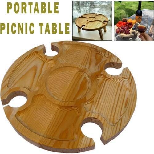 Wooden Outdoor Portable Folding Picnic Table With Wine Glass Holder Rack Barware Easy To Carry Beer Bar Desk