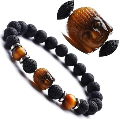 Druzy Carved Natural Stone Buddha Head Bracelet Women Lava Beads Bracelet Men Yoga Charm Bracelets Jewelry Pulseras BYZ-11