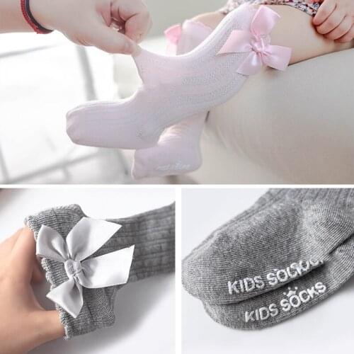 New Girls Single Color Stripes Stockings Bubble Mouth Stockings Baby Bowknot Cotton Nonslip Toddler Stocks Lace Stockings