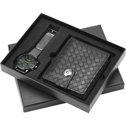 Exquisite Gift Set for Men Stainless Steel Strap Quartz Wristwatch Leather Wallet Gift Set for Boyfriend for Dad