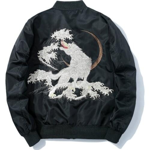 Winter Bomber Jacket Men Thick Embroidery Wolf Pilot Jackets Harajuku Casual Black Baseball Jacket Japan Youth Streetwear Male