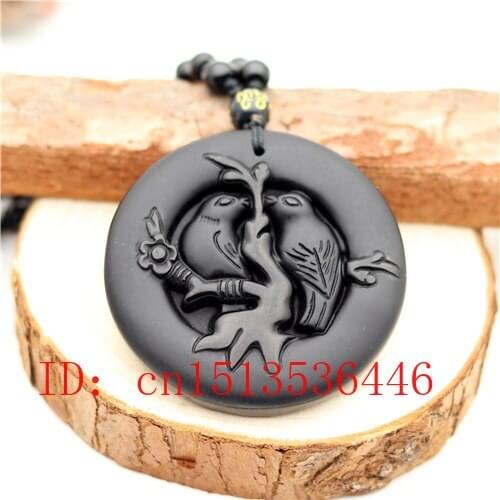 Natural Black Obsidian Lovebirds Pendant Beads Necklace Charm Jewellery Fashion Accessories Hand-Carved Amulet Gifts for Women