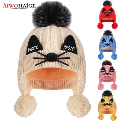 2019 New Childrens Winter Ear Protection Knitted Hat Boy Girl Cute Cat Pompom Beanies kids Baby Warm Plus Velvet Thick Soft Cap