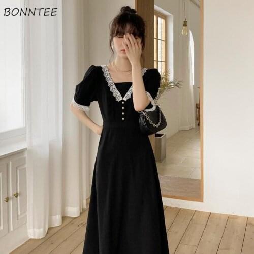 Dress Women Elegant Summer A-line Slim Lace Black Vestidos Office Lady Square Collar Korean Style Sweet Puff Sleeve Trendy Chic