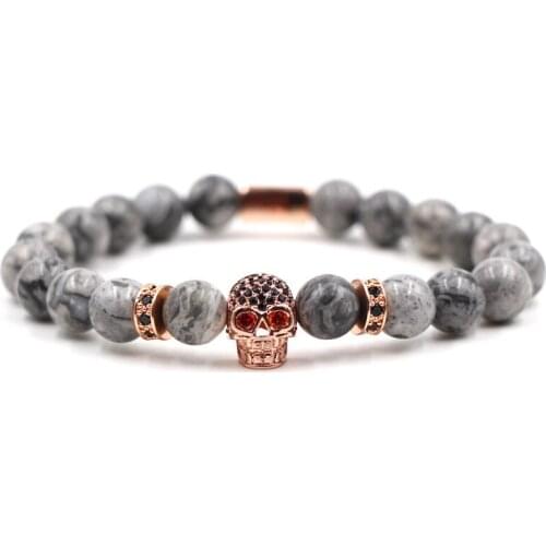 Popular Jewelry Bracelet Natural Picture Stone Beads Bangle Bracelet Charm Rose Gold Personality Micro Inset Crown Skull Unisex