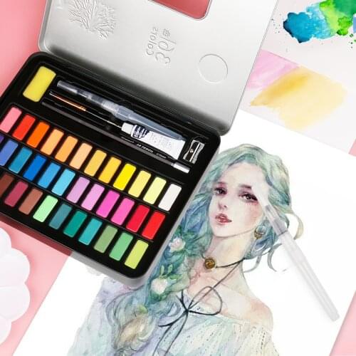 Permanent Watercolor Paint Set 36/48Color Solid Smudged Water-Soluble Portable Metal Box Professional Drawing Art Supplies Mang