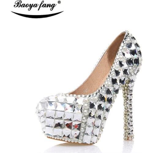 Luxury silver crystal Wedding shoes 2017 New women shoes real leather insole Party shoes Bridal platform shoes