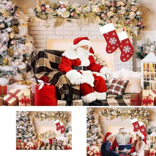 Christmas Fireplace Backdrop for Photography Interior Vintage Xmas Tree Sock Gift Party Photo Background Portrait Studio Booth