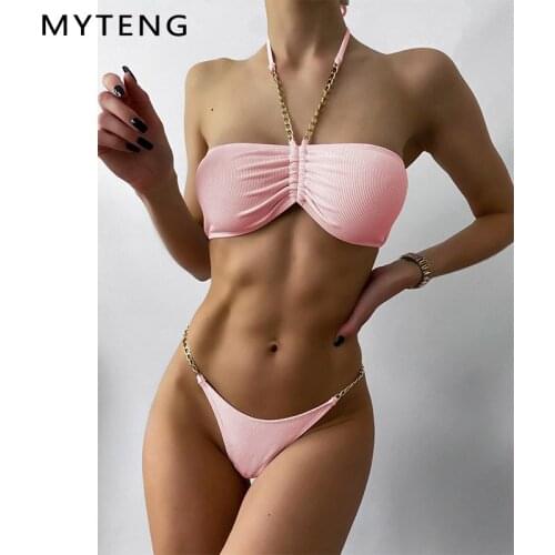 Pink Sexy Bandeau 2 Piece Set Bikinis Metal Chain Swimwear Women Summer Solid Swimsuit Beachwear Halter Bandage New Biqiuni