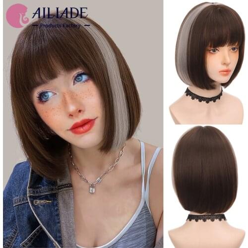 AILIADE Synthetic Short Straight Wigs Gray and Brown With Bangs Cosplay Wigs For Women Party Lolita Daily False Hair
