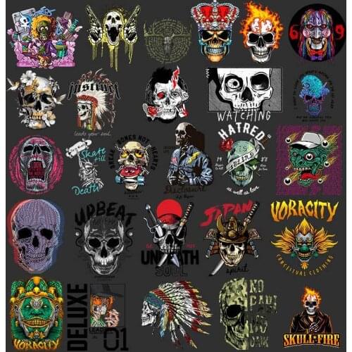 Punk Cool Skull Heat Transfer Stickers Tops T-shirt Boys' favorite Patches for Clothing Appliqued Decorative Iron-on Transfers