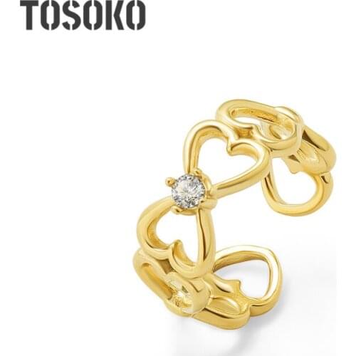 TOSOKO Stainless Steel Jewelry Ins Peach Heart Love Zircon Ring Adjustable Index Finger Ring Female Sweet Ring BSA152