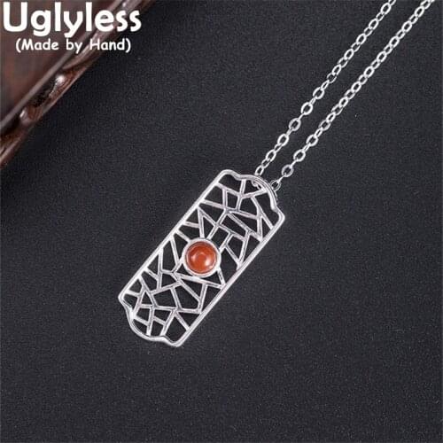 Uglyless Irregular Grilles Hollow Square Pendants Necklaces for Women Natural Agate Ethnic Jewelry 925 Silver Necklaces + Chains