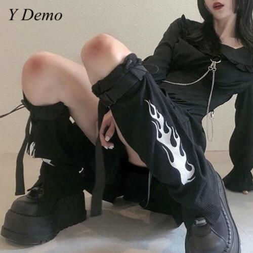 Y Demo Harajuku Y2k Flame Print Knee Sleeve Women Adjustable Buckles Leg Warmers Streetwear Punk Long Socks