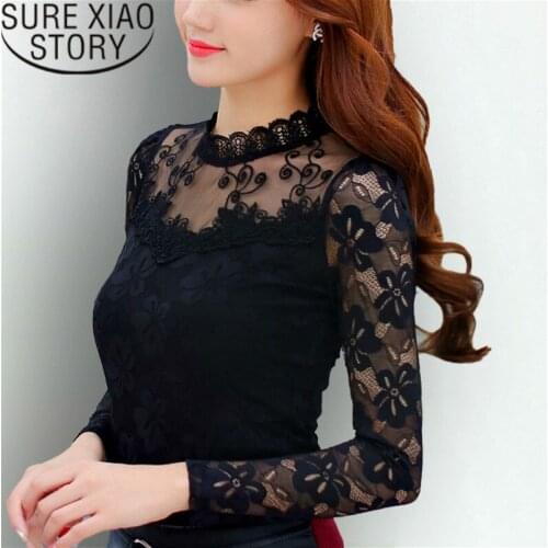 Blusas Mujer De Moda 2020 Womens Tops Blouses White Shirt Lace Hollow Out Stand Long Sleeve Shirts Shirts Plus Size 2305 50