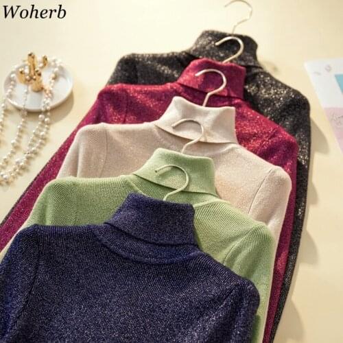 Woherb Turtleneck Women Pullover Glitter Sweater Spring Jumper Knitted Basic Top Fashion Autumn Korean Ladies Clothes 2021