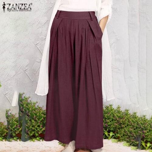 Women High Waist Wide Leg Pants ZANZEA 2021 Summer Trousers Vintage Solid Loose Long Pantalon Casual Palazzo