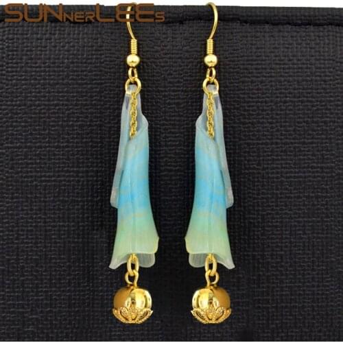 SUNNERLEES Fashion Jewelry Drop Earrings Gold Color Lucky Beads Resin Flower Dangles For Women Girl Gift RE01