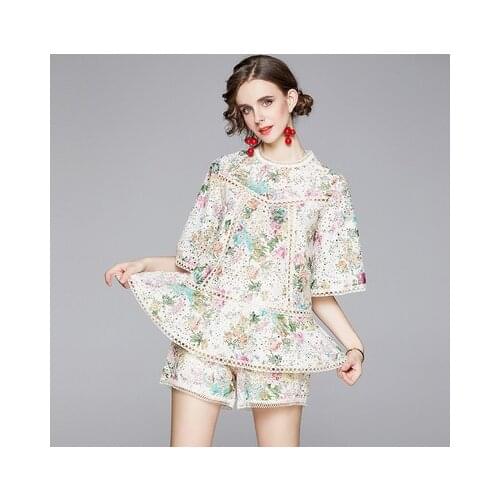 Elegant Flower Embroidery Lace Suit Set Women Batwing Sleeve Hollow Out Shirt Top + Wide Leg Shorts Runway Summer Two Pieces Set