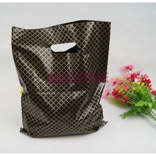 100pcs/lot 25x35cm Black Plaid Large Plastic Shopping Bags Thick Boutique Gift Clothing Packaging Plastic Gift Bag With Handle