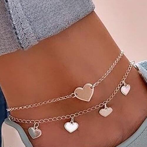 Boho Simple Love Pendant Anklet Set Women 2021 Summer Fashion Multilayer Tassel Adjustable Beach Charm Anklets Girl Jewelry Gift
