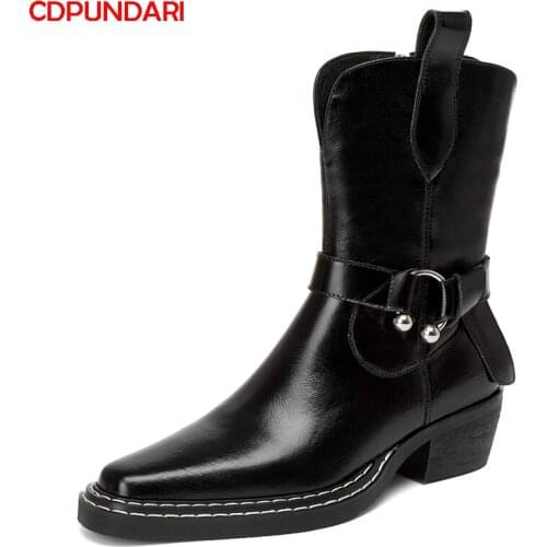 Black Genuine Leather Med Heels Cowgirl Ankle Boots Women Autumn Winter West Cowboy Punk Short Boots Shoes Bottine Femme
