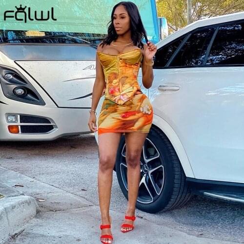 FQLWL Print Two Piece Set Women Sexy Club Outfits Bodycon Strapless Corset Top Mini 2 Piece Skirt Set Women Matching Sets 2021