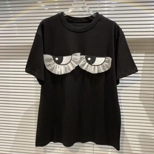 Casual Chic Mesh Ruffles Cartoon Big Eyes Image O-neck Girls T-shirts Streetwear Women Summer Short Sleeve Tee Top