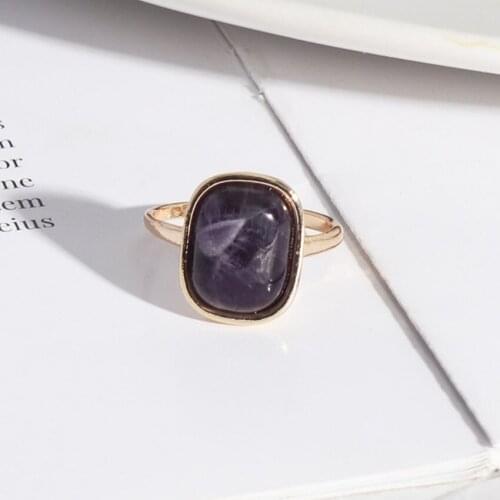 FYJS Unique Light Yellow Gold Color Rectangle Shape Amethysts Stone Finger Ring Lapis Lazuli Jewelry
