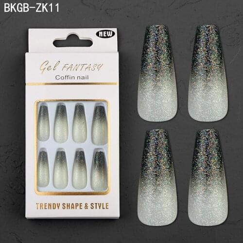 Gradient Silver Glitter Powder Ballerina Fake Nails Art Manicure 24pcs Fashion Natural Tips Finished False Nails with Paper Card