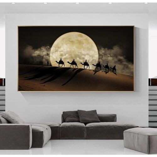 Canvas Painting Camel In The Desert Landscape Desert Wall Art Posters and Prints Moon Night Scene Pictures Home Decor Cuadros