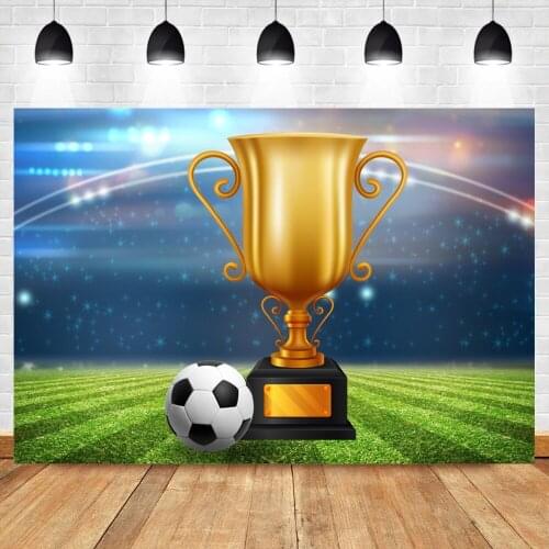 Laeacco Football Gold Champion Trophy Green Stadium Photography Backgrounds Baby Birthday Party Photocall Backdrop Photo Studio