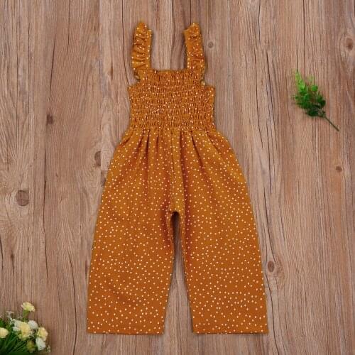 Summer Girls Suspender Jumpsuit Fresh Polka Dot Ruffles Boat Neck Folds Long Pants Rompers Overalls