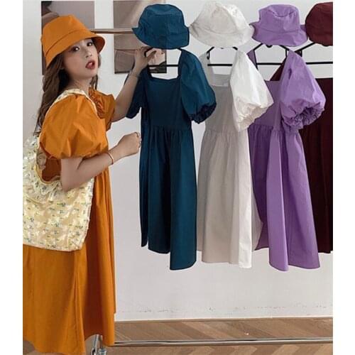 Girls Kawaii Puff Sleeves Beach Party Dress Lady 2020 Summer Solid Cotton Linen Soft Mini Dresses Female Holiday daily Dress