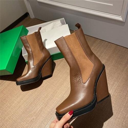 Fashion Winter High Heels Platform Woman Boots Square Toe Wedges Heel Shoes For Women Design Geunine Leather Knight Boots 2020