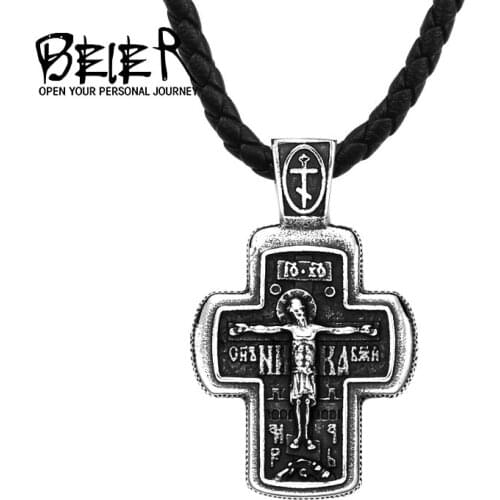 Beier Stainless Steel Pendant Crucifix Catholic Religious Cross Religious Christian Men Necklace Jewelry LLLHP187P