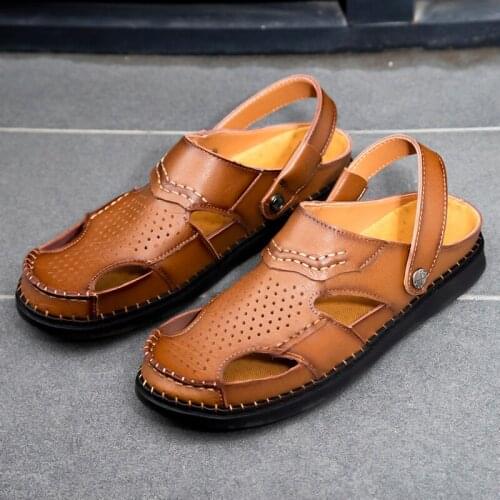 Mens Sandals Summer Fashion Beach Slippers Genuine Leather Casual Shoes For Men Soft Non-slip Sandalias Brand Zapatos De Hombre