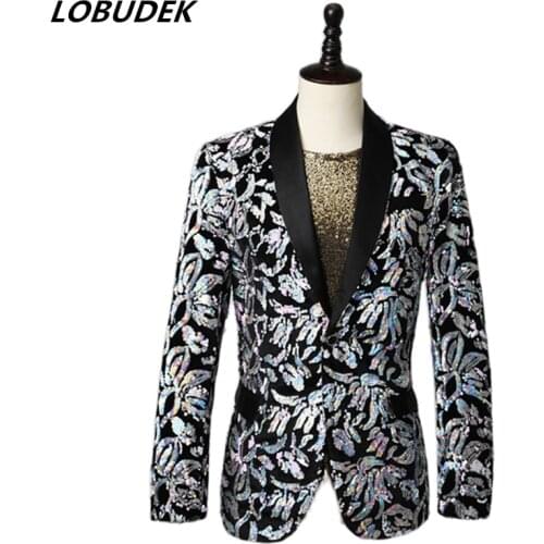 Mens Stage Singer Host Shiny Sequins Suit Jacket Gold Silver Shawl Lapel Blazers Evening Party Performance Bar Tuxedo Costume