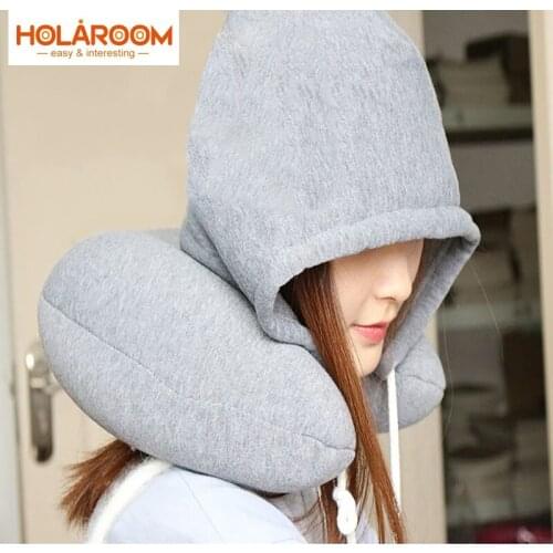 Soft Hooded Pillow U-Shape Body Neck Pillows Solid Grey Nap Cotton Particle Cushion Textile Airplane Car Travel Pillow Almohada